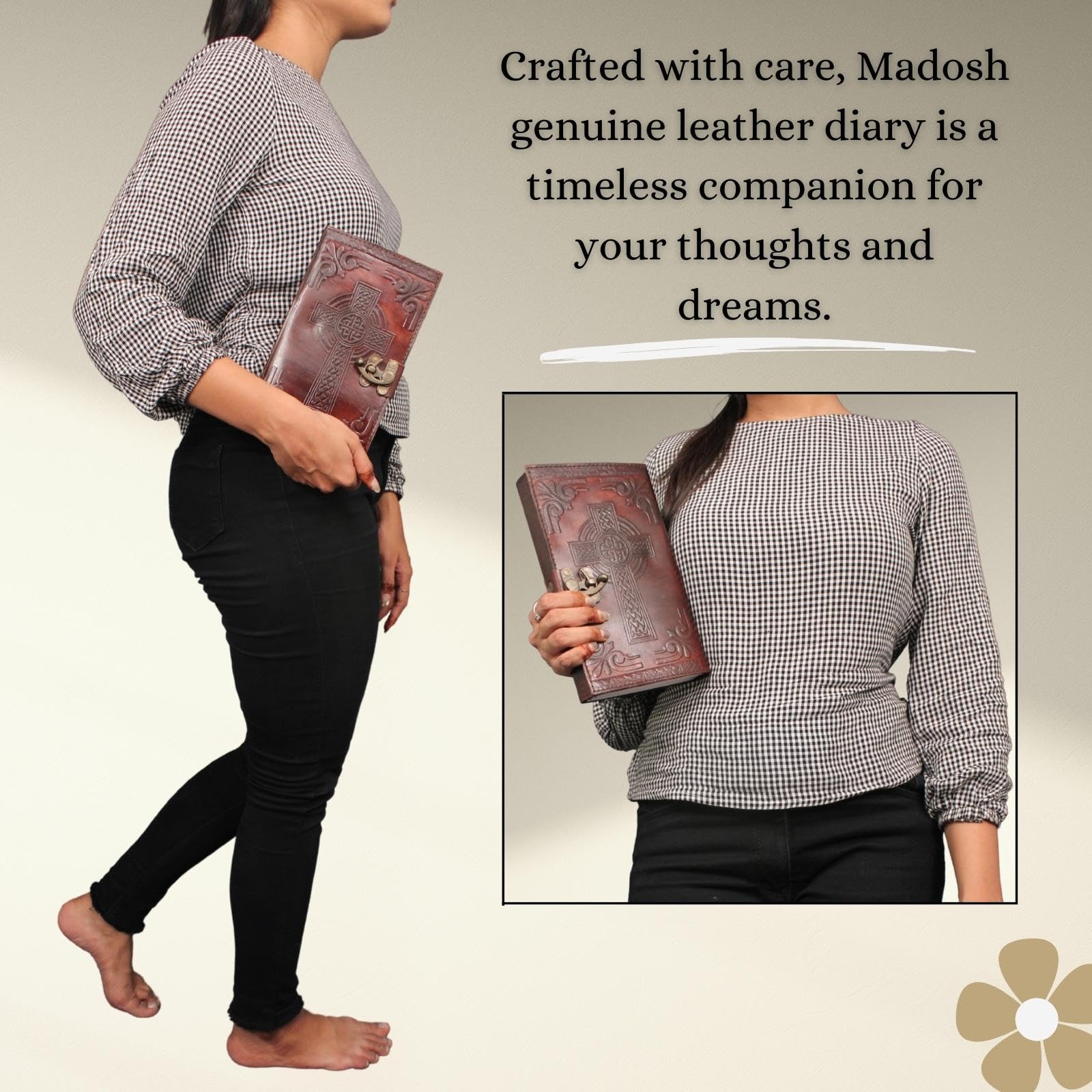 Genuine Leather Bound Journal Grimoire Cross Embossed Notepad Brown Notebook